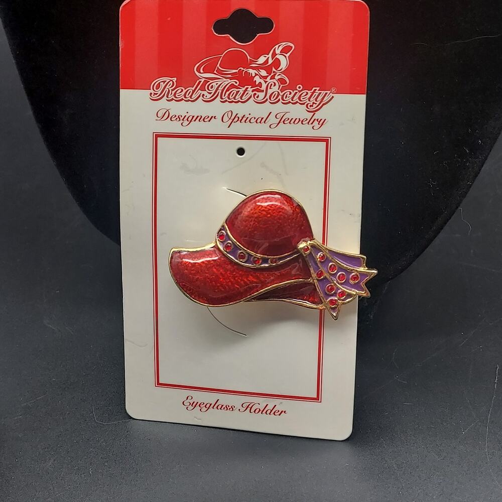 Red Hat Society Brooch Enamel Hat Hidden Loop Eyeglass ID Badge Holder NOS